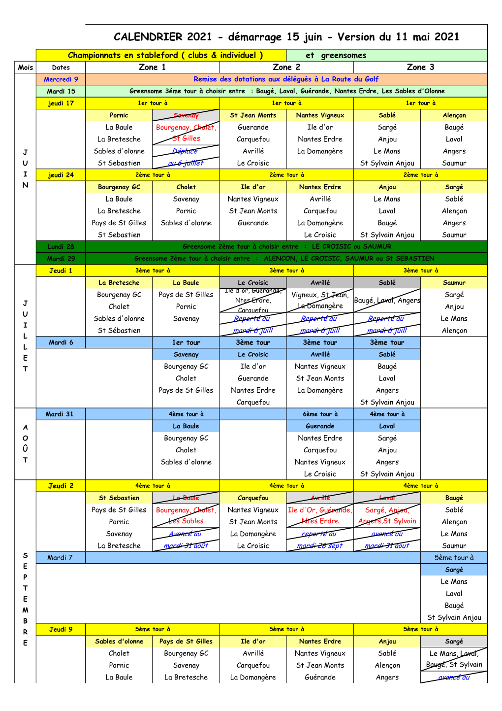 CALENDRIER 2021 - Démarrage 15 Juin - Version Du 11 Mai 2021