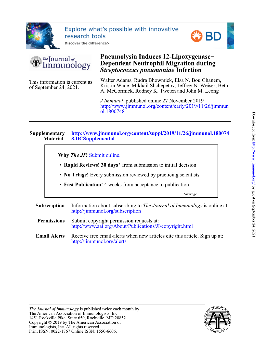 Pneumolysin Induces 12-Lipoxygenase–Dependent Neutrophil Migration During Streptococcus Pneumoniae Infection