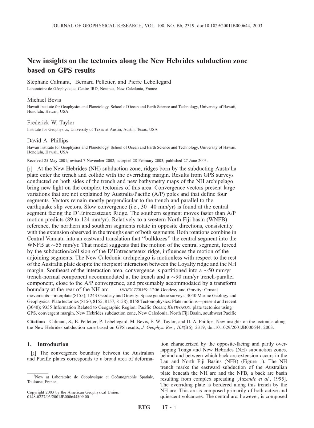 New Insights on the Tectonics Along the New Hebrides Subduction Zone