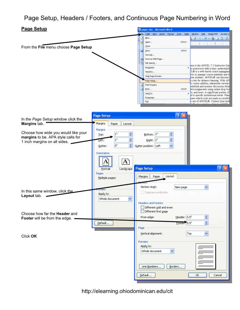 Page Setup, Headers / Footers, and Continuous Page Numbering in Word