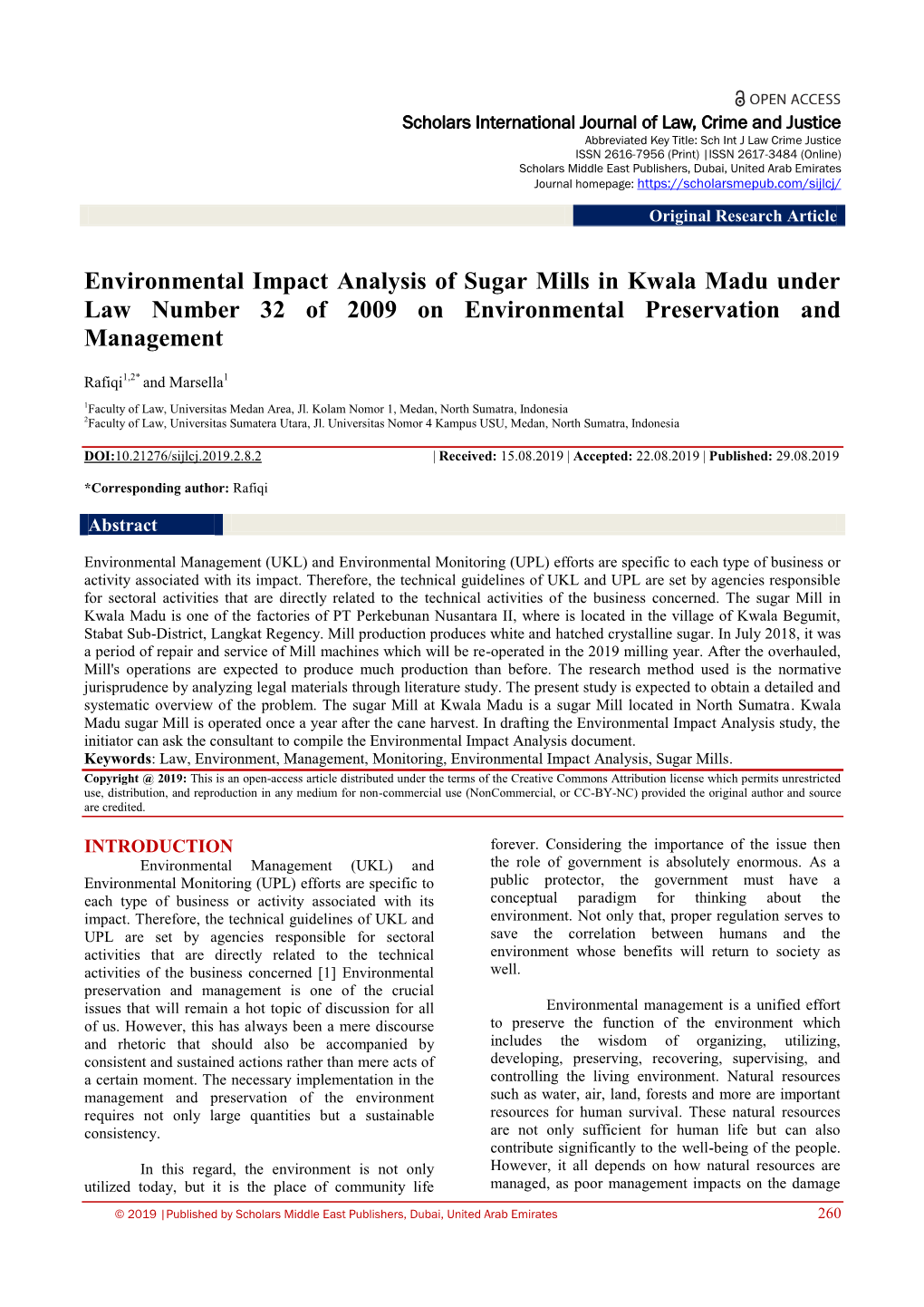 Environmental Impact Analysis of Sugar Mills in Kwala Madu Under Law Number 32 of 2009 on Environmental Preservation and Management
