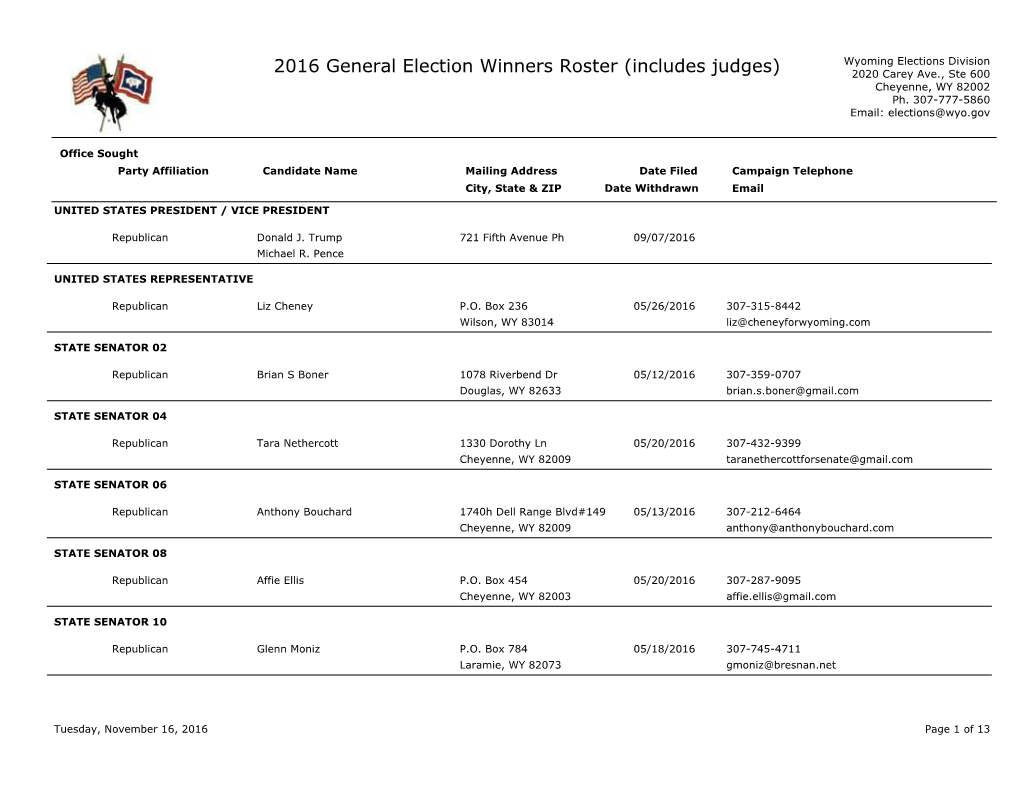 General Election Winners Roster (Includes Judges) 2020 Carey Ave., Ste 600 Cheyenne, WY 82002 Ph