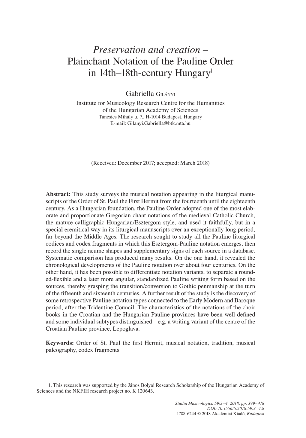 Plainchant Notation of the Pauline Order in 14Th–18Th-Century Hungary1