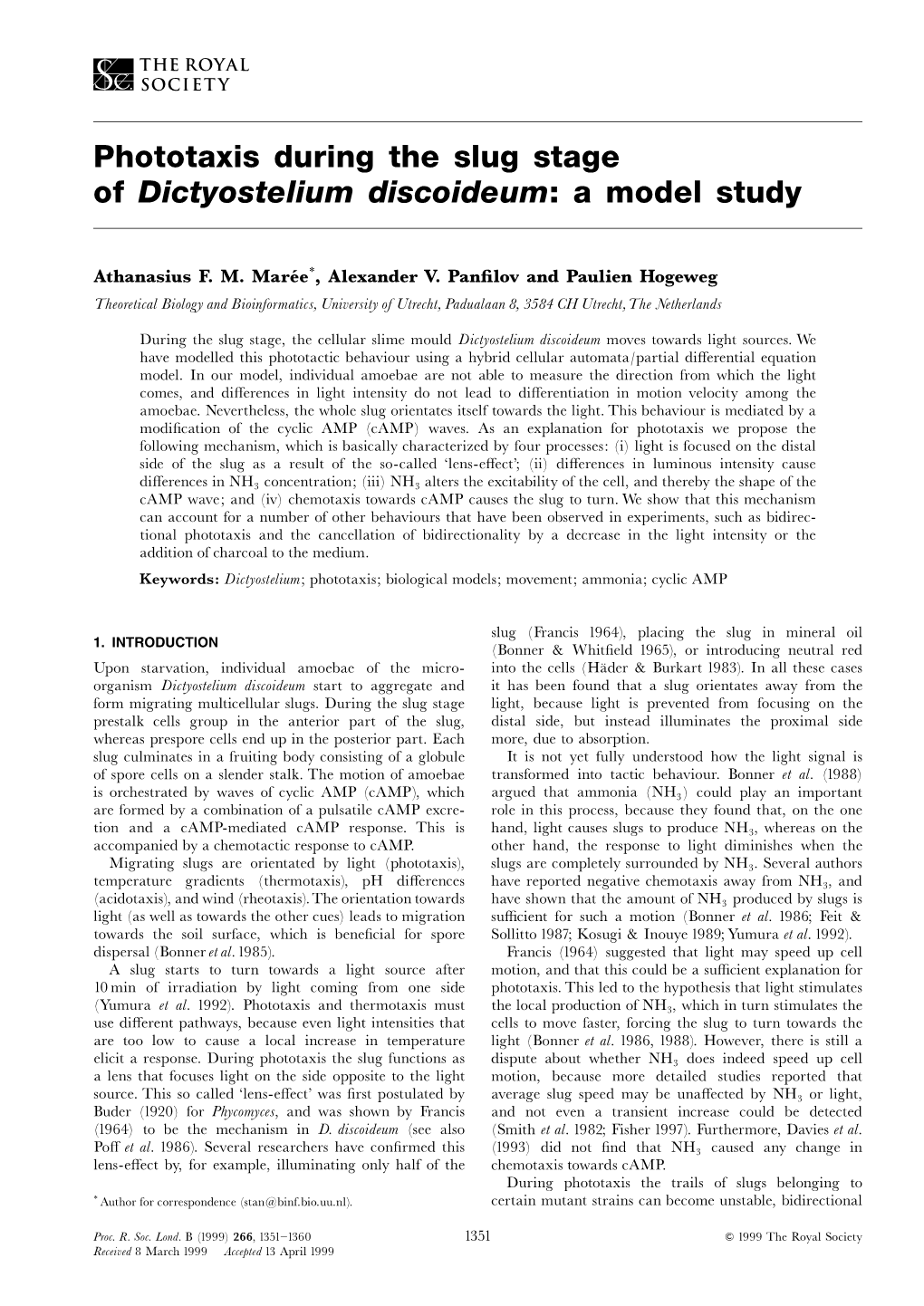 Phototaxis During the Slug Stage of Dictyostelium Discoideum: a Model Study