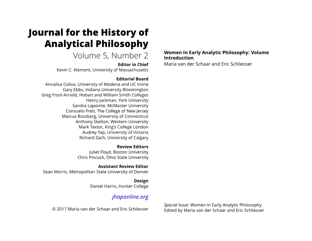 Women in Early Analytic Philosophy: Volume Volume 5, Number 2 Introduction Editor in Chief Maria Van Der Schaar and Eric Schliesser Kevin C