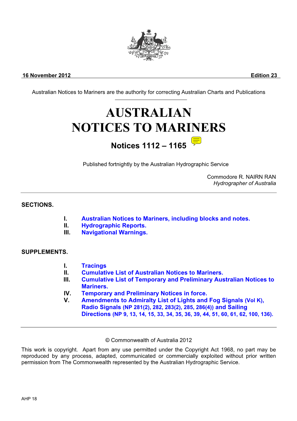 Australian Notices to Mariners Are the Authority for Correcting Australian Charts and Publications