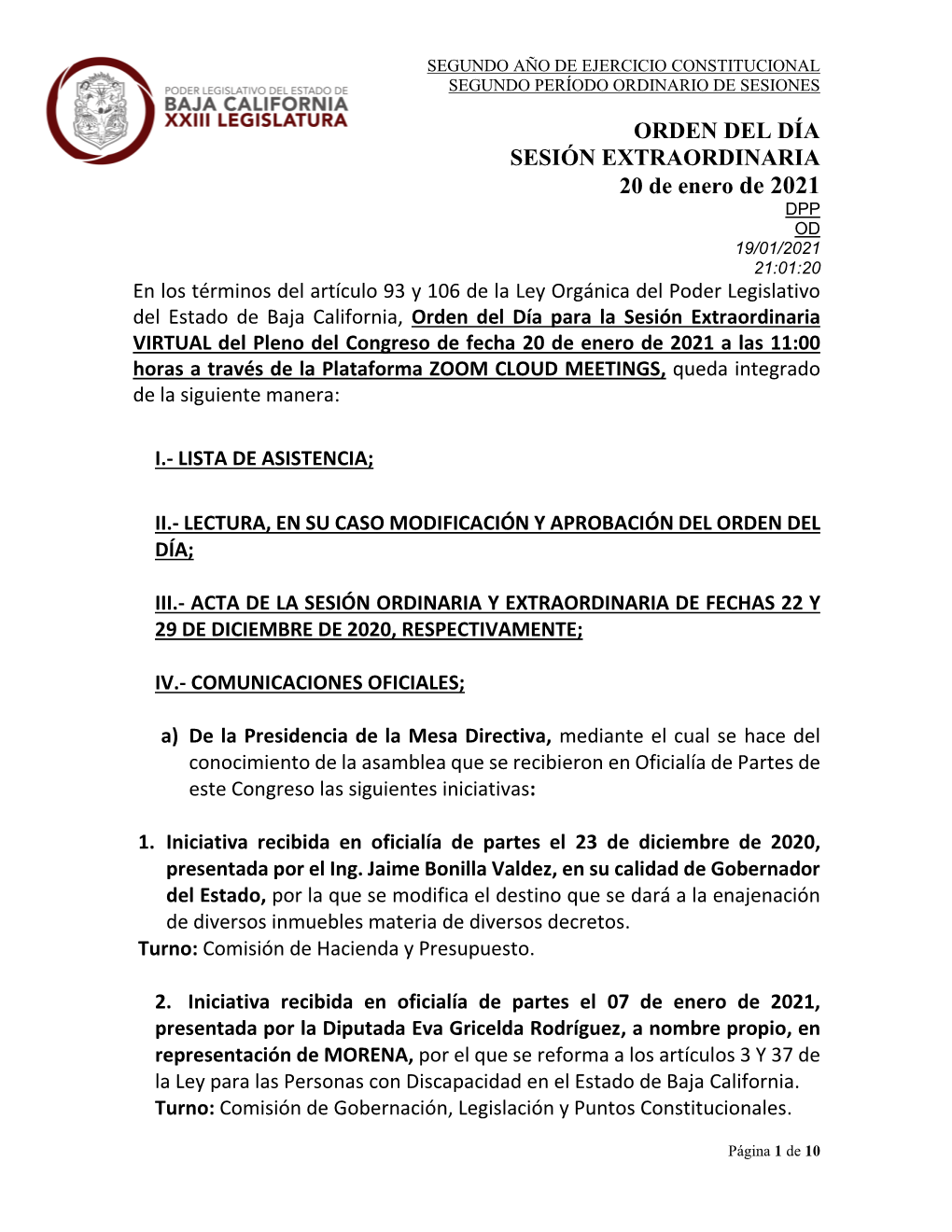 ORDEN DEL DÍA SESIÓN EXTRAORDINARIA 20 De Enero De 2021