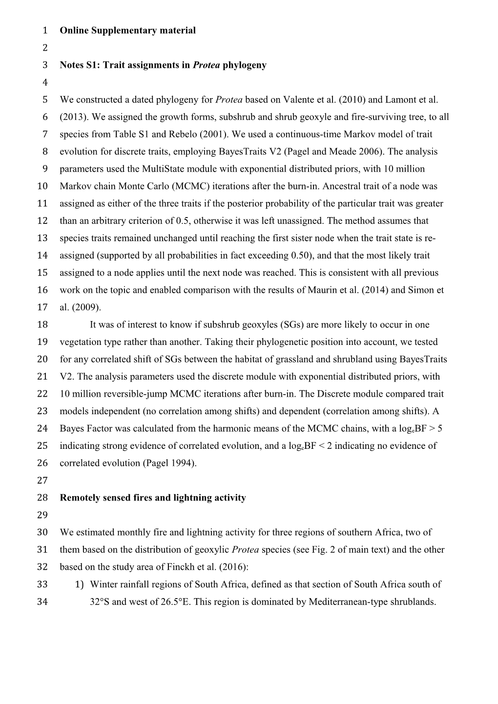 Notes S1: Trait Assignments in Protea Phylogeny