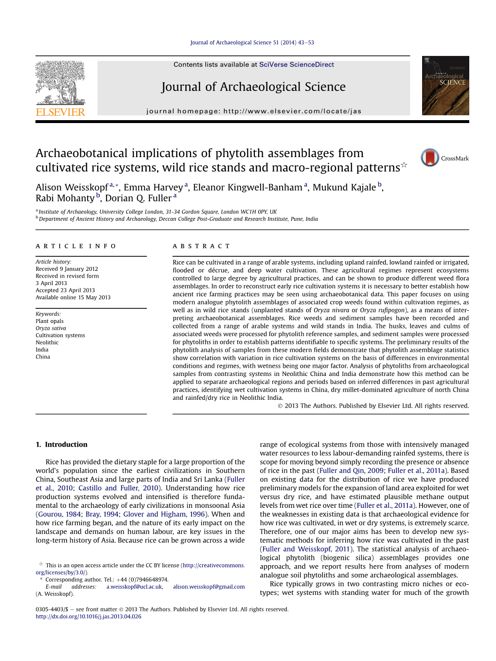 Archaeobotanical Implications of Phytolith Assemblages from Cultivated Rice Systems, Wild Rice Stands and Macro-Regional Patternsq