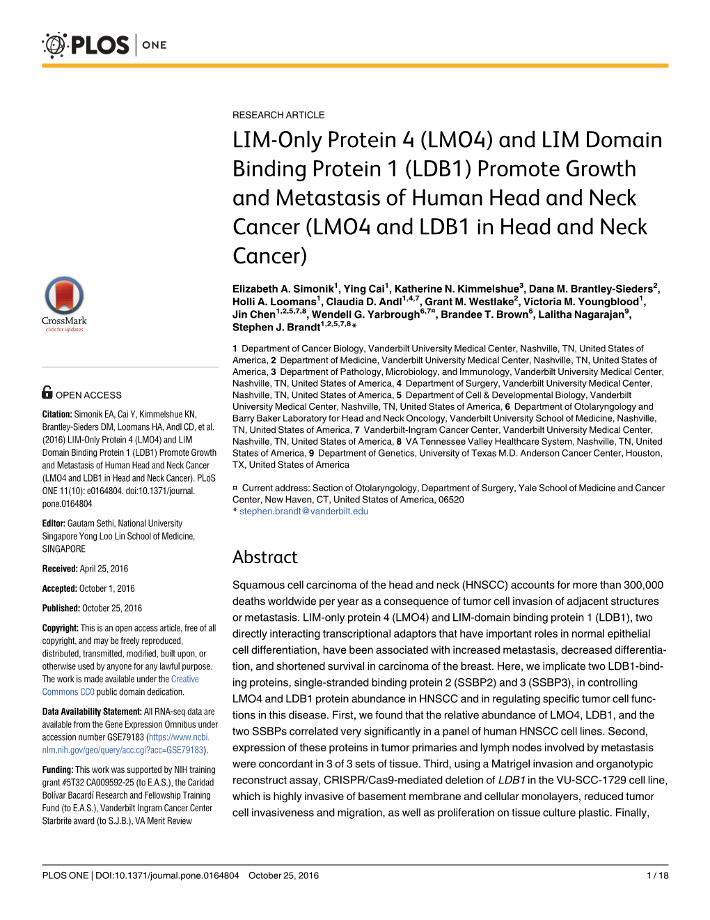 LMO4) and LIM Domain Binding Protein 1 (LDB1) Promote Growth and Metastasis of Human Head and Neck Cancer (LMO4 and LDB1 in Head and Neck Cancer