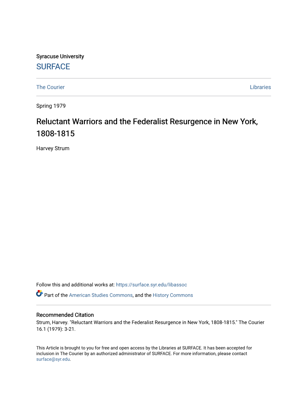 Reluctant Warriors and the Federalist Resurgence in New York, 1808-1815