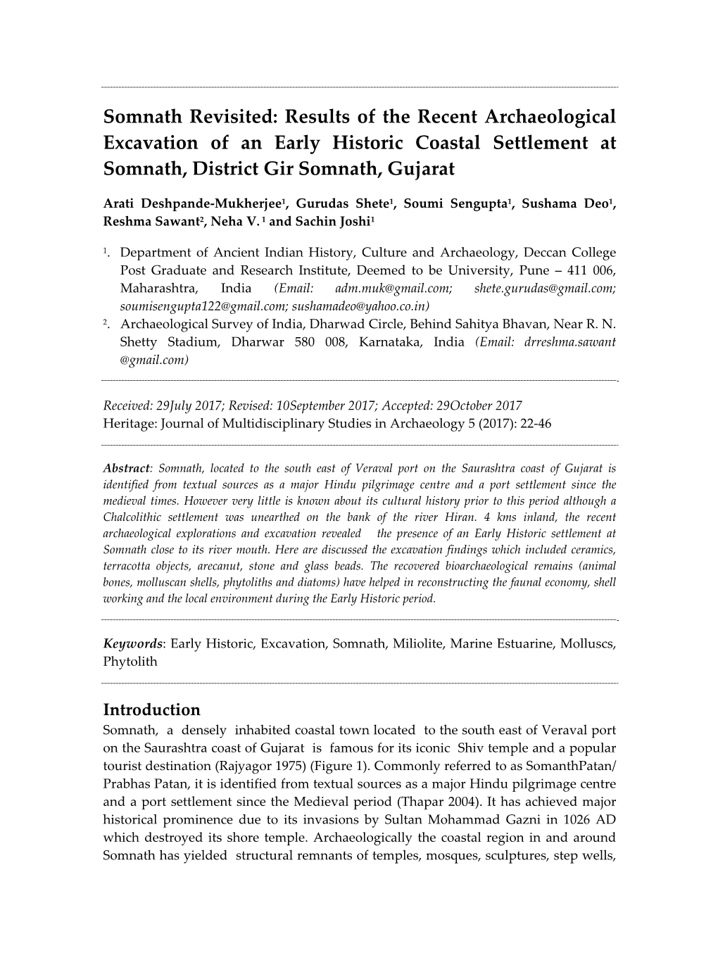 Results of the Recent Archaeological Excavation of an Early Historic Coastal Settlement at Somnath, District Gir Somnath, Gujarat