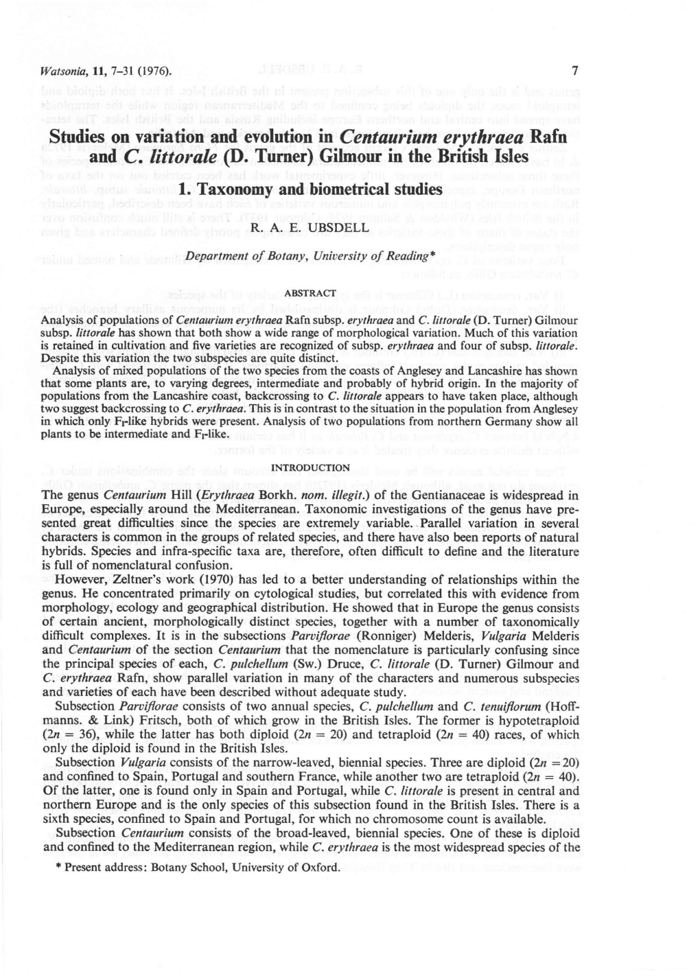 Studies on Variation and Evolution in Centaurium Erythraea Rafn and C