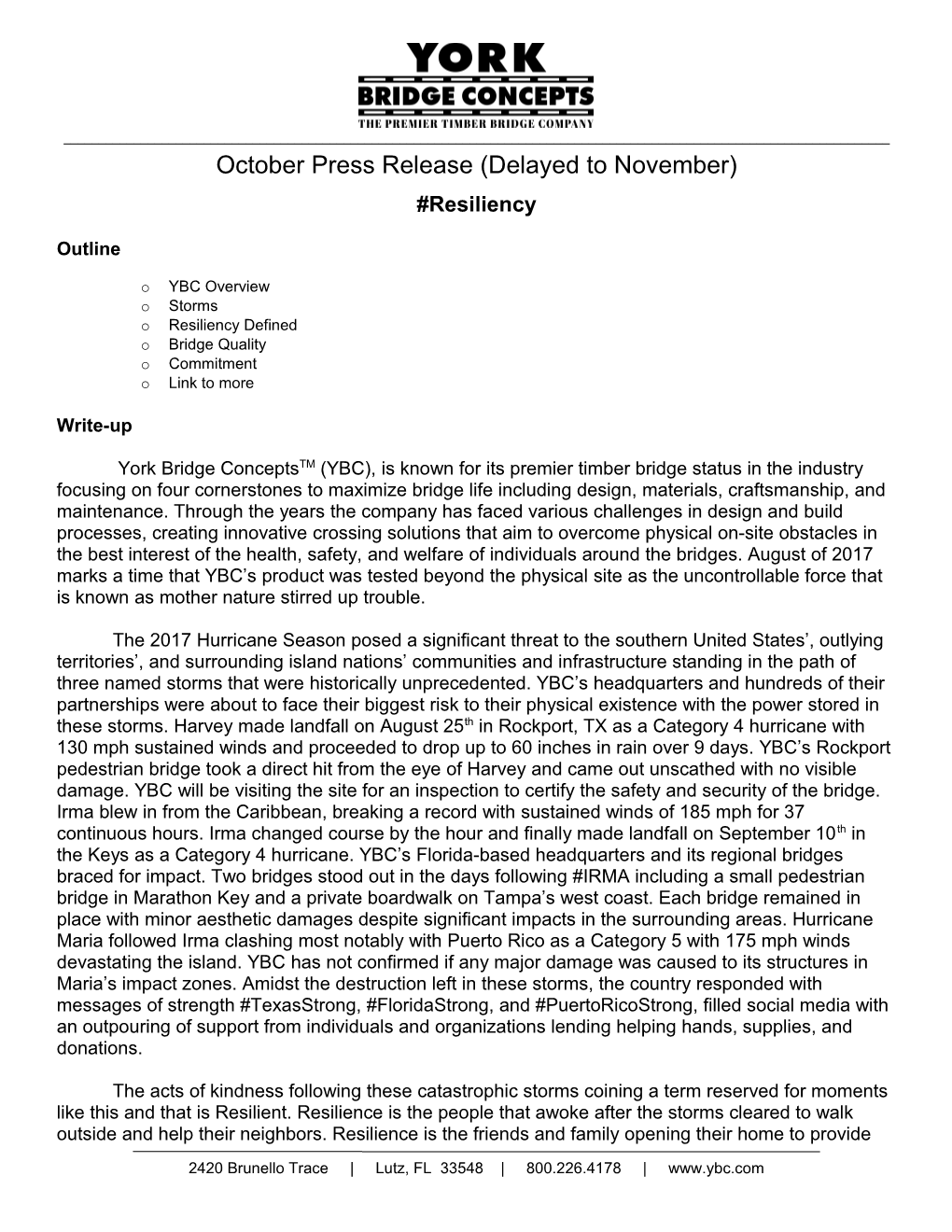 October Press Release (Delayed to November)