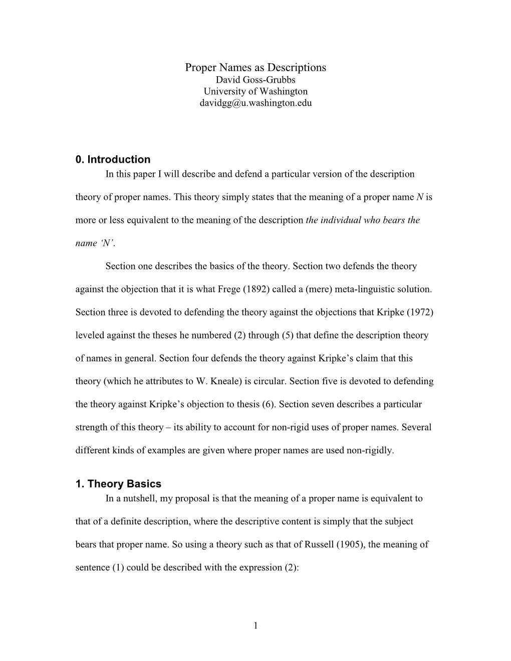 Proper Names As Descriptions David Goss-Grubbs University of Washington Davidgg@U.Washington.Edu