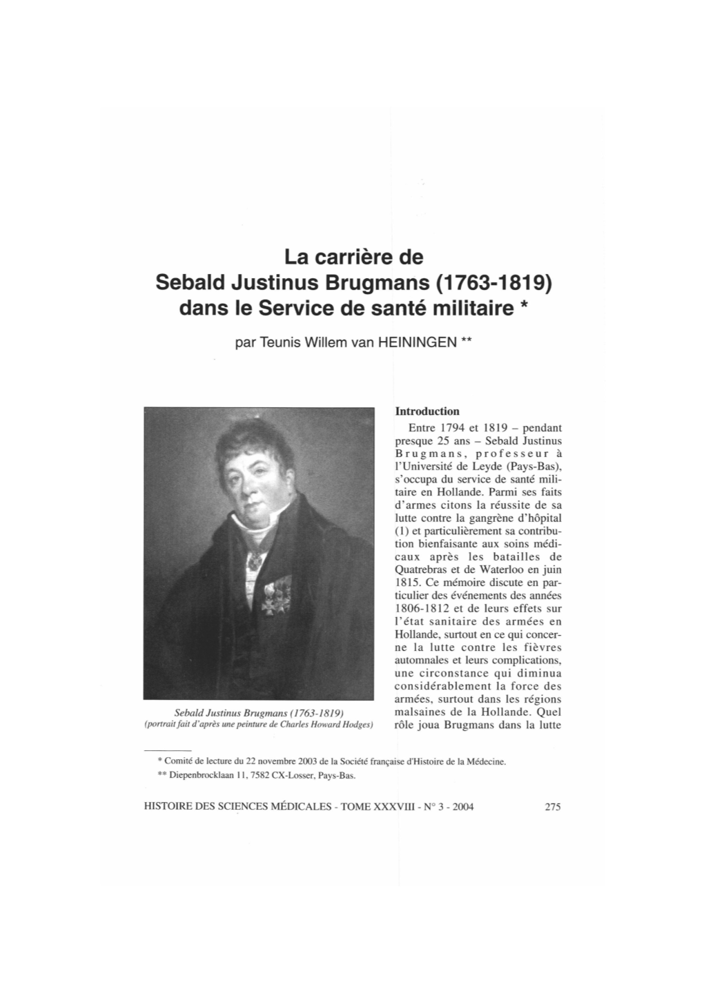 La Carrière De Sebald Justinus Brugmans (1763-1819) Dans Le Service De Sante Militaire *