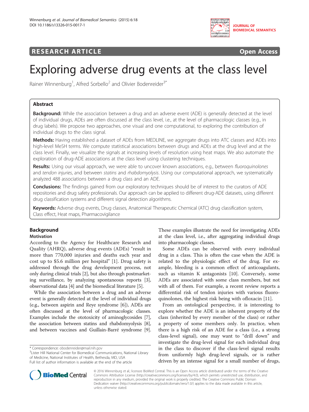 Exploring Adverse Drug Events at the Class Level Rainer Winnenburg1, Alfred Sorbello2 and Olivier Bodenreider3*