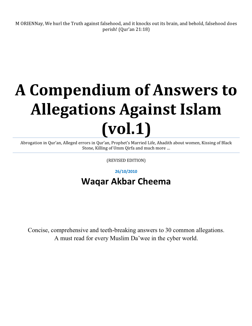 A Compendium of Answers to Allegations Against Islam (Vol.1)