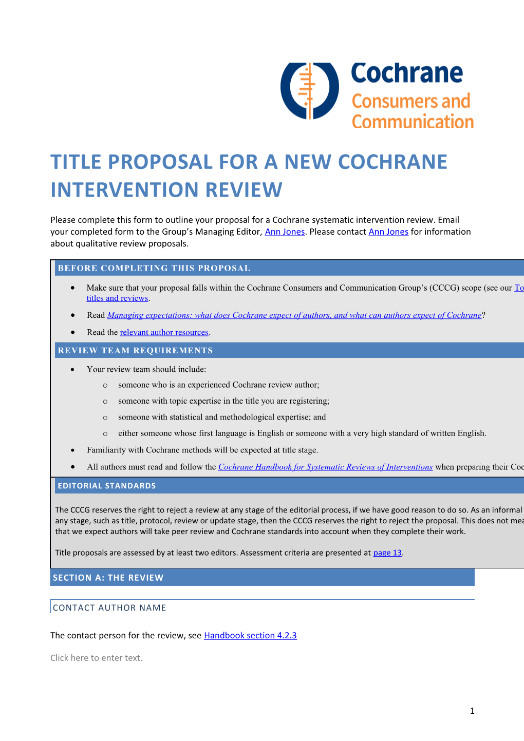 Title PROPOSAL for a NEW COCHRANE INTERVENTION REVIEW