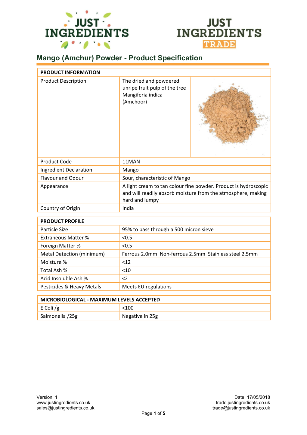 Mango (Amchur) Powder - Product Specification