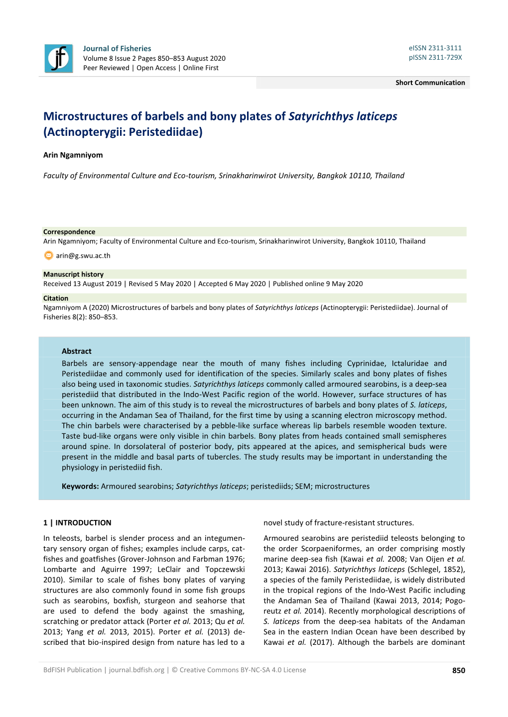 Microstructures of Barbels and Bony Plates of Satyrichthys Laticeps (Actinopterygii: Peristediidae)