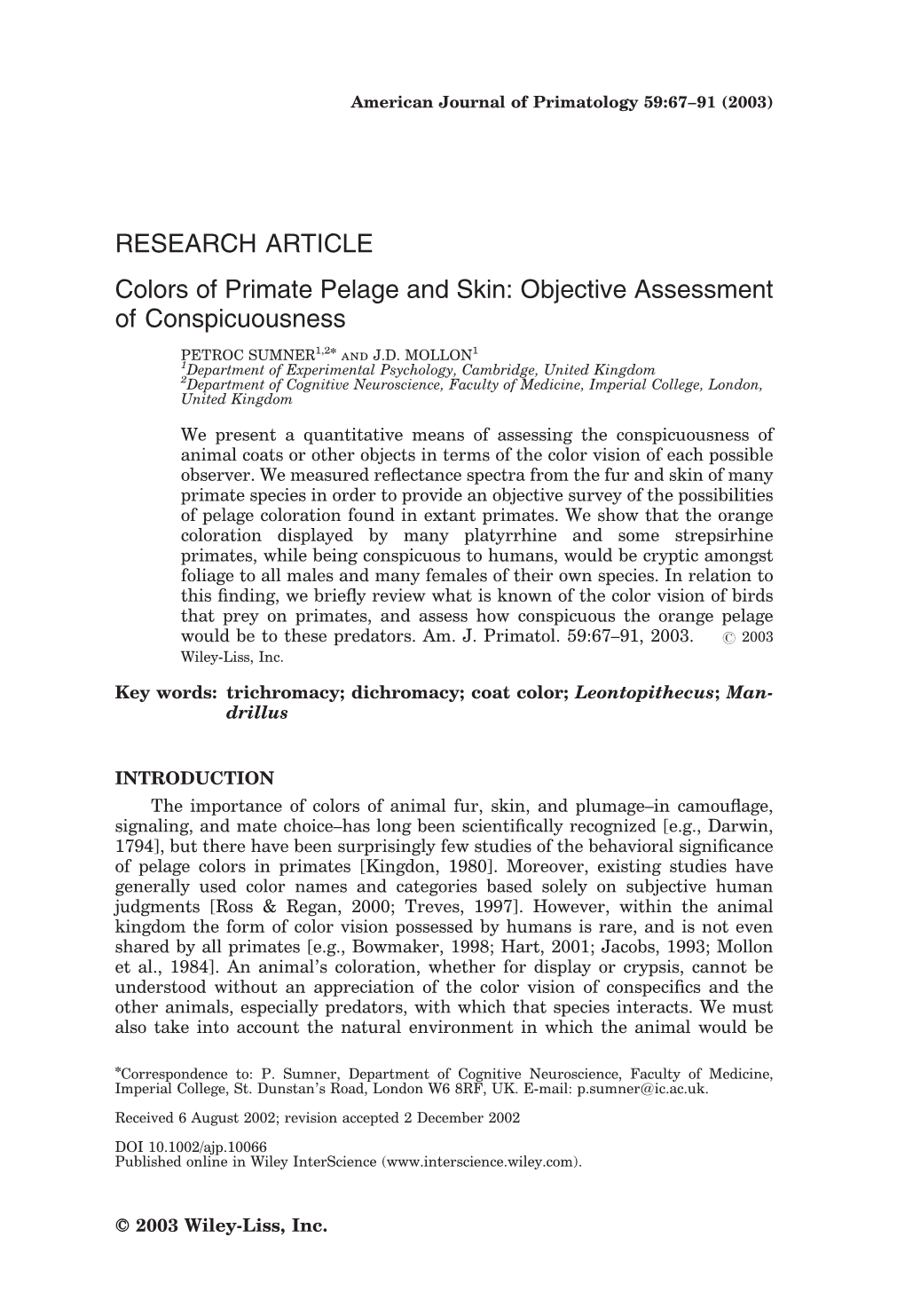 RESEARCH ARTICLE Colors of Primate Pelage and Skin: Objective Assessment of Conspicuousness