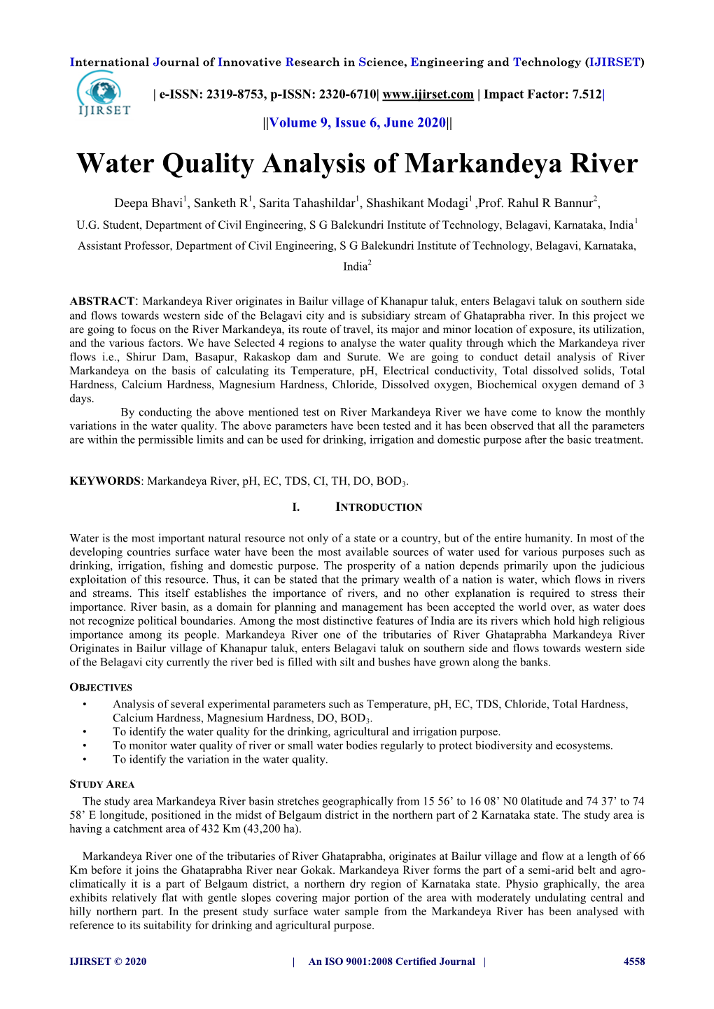 Water Quality Analysis of Markandeya River