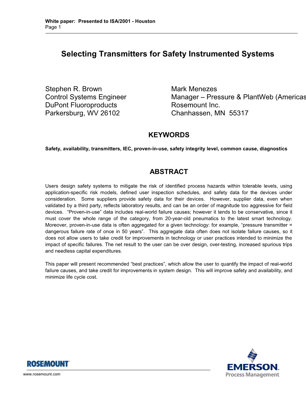 White Paper: Presented to ISA/2001 - Houston