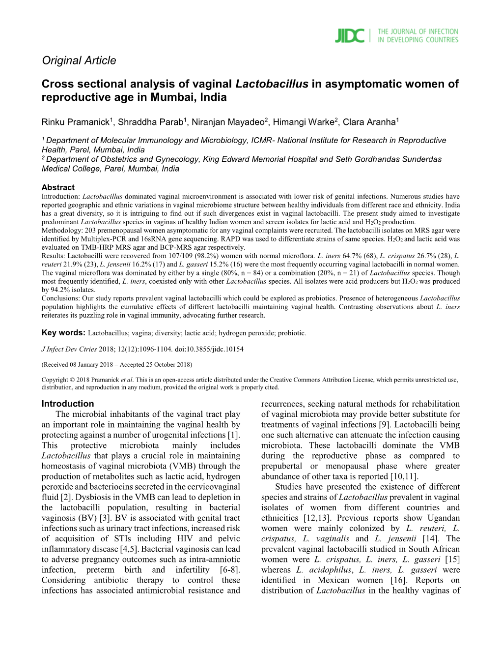 Original Article Cross Sectional Analysis of Vaginal Lactobacillus In