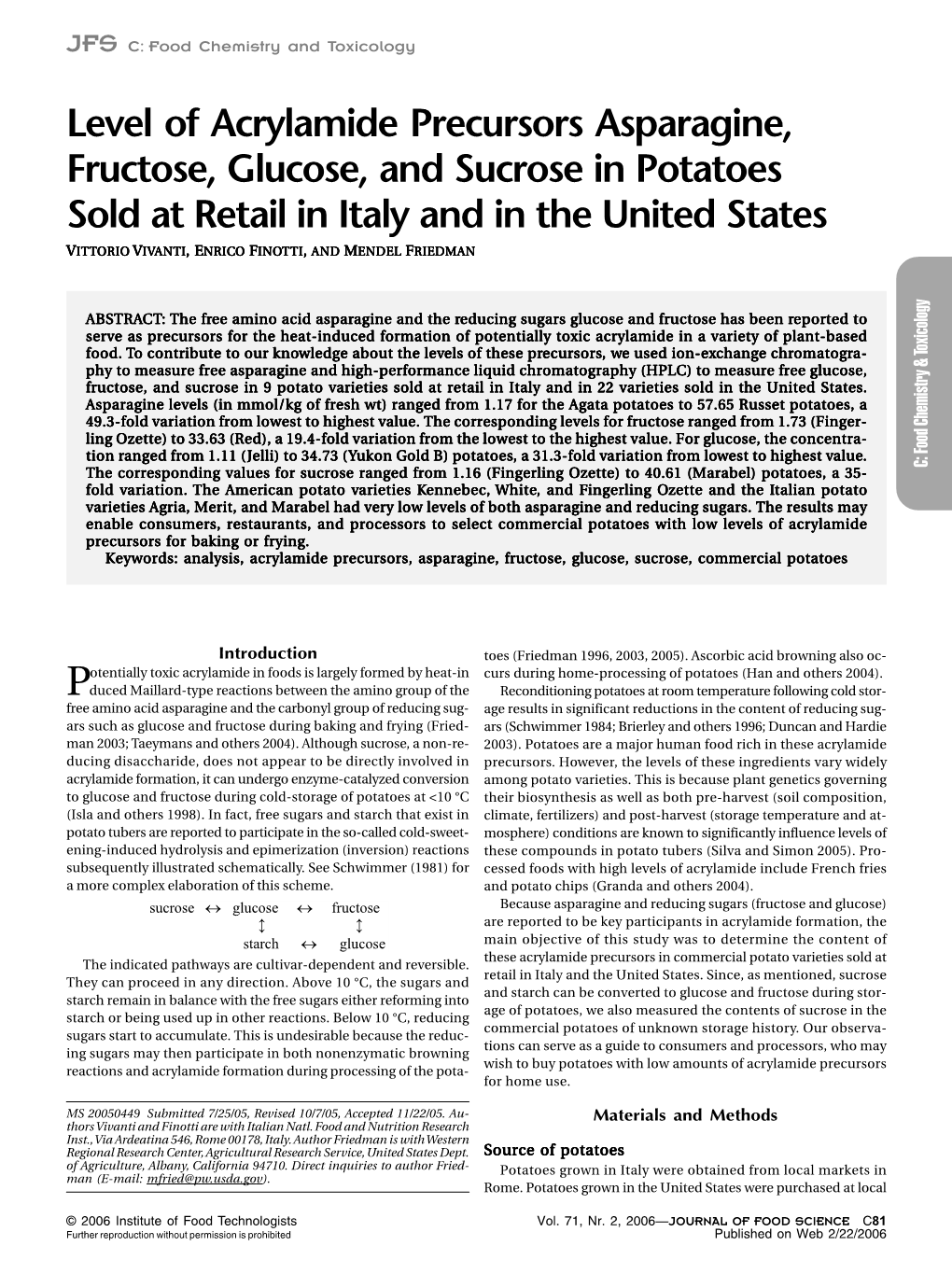 Level of Acrylamide Precursors Asparagine, Fructose, Glucose, And