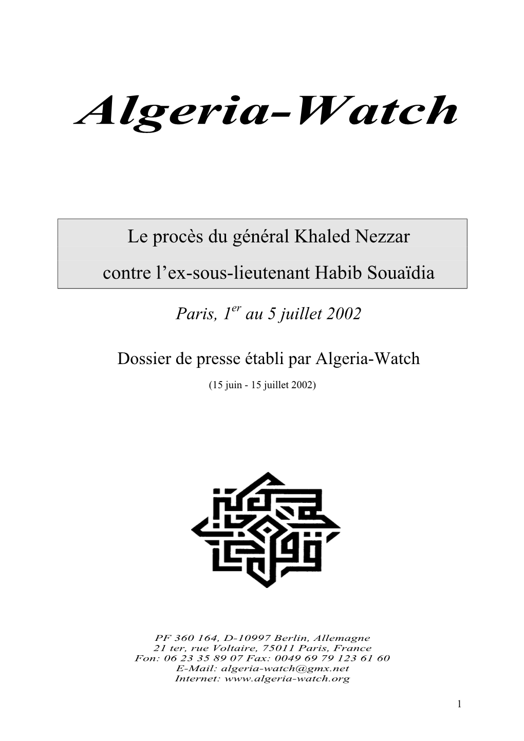 Dossier De Presse Établi Par Algeria-Watch