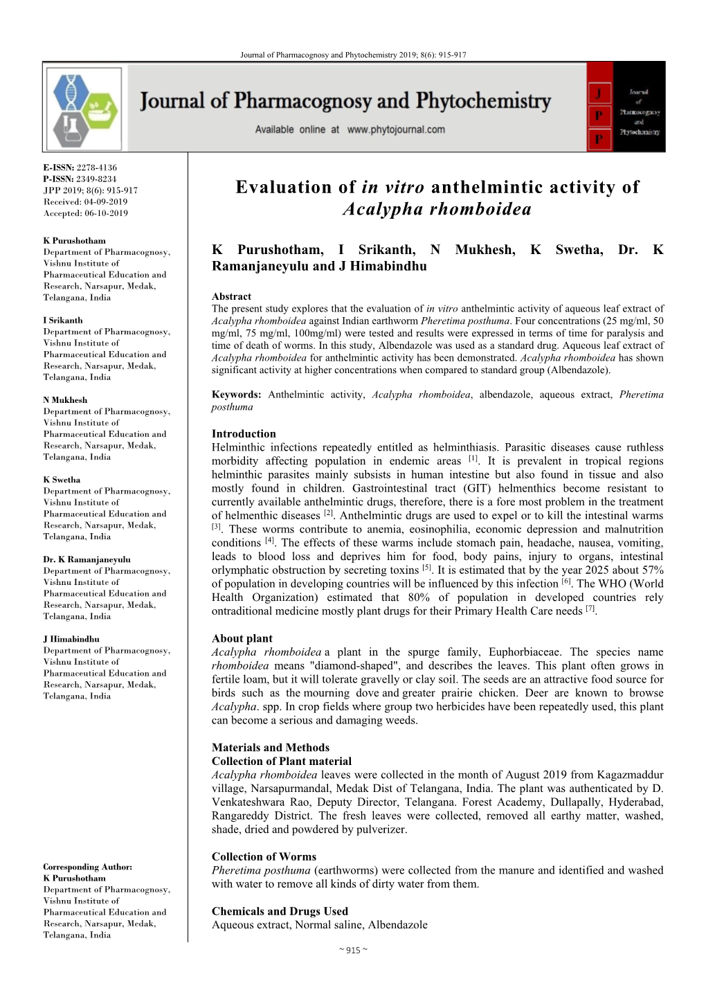 Evaluation of in Vitro Anthelmintic Activity of Acalypha Rhomboidea