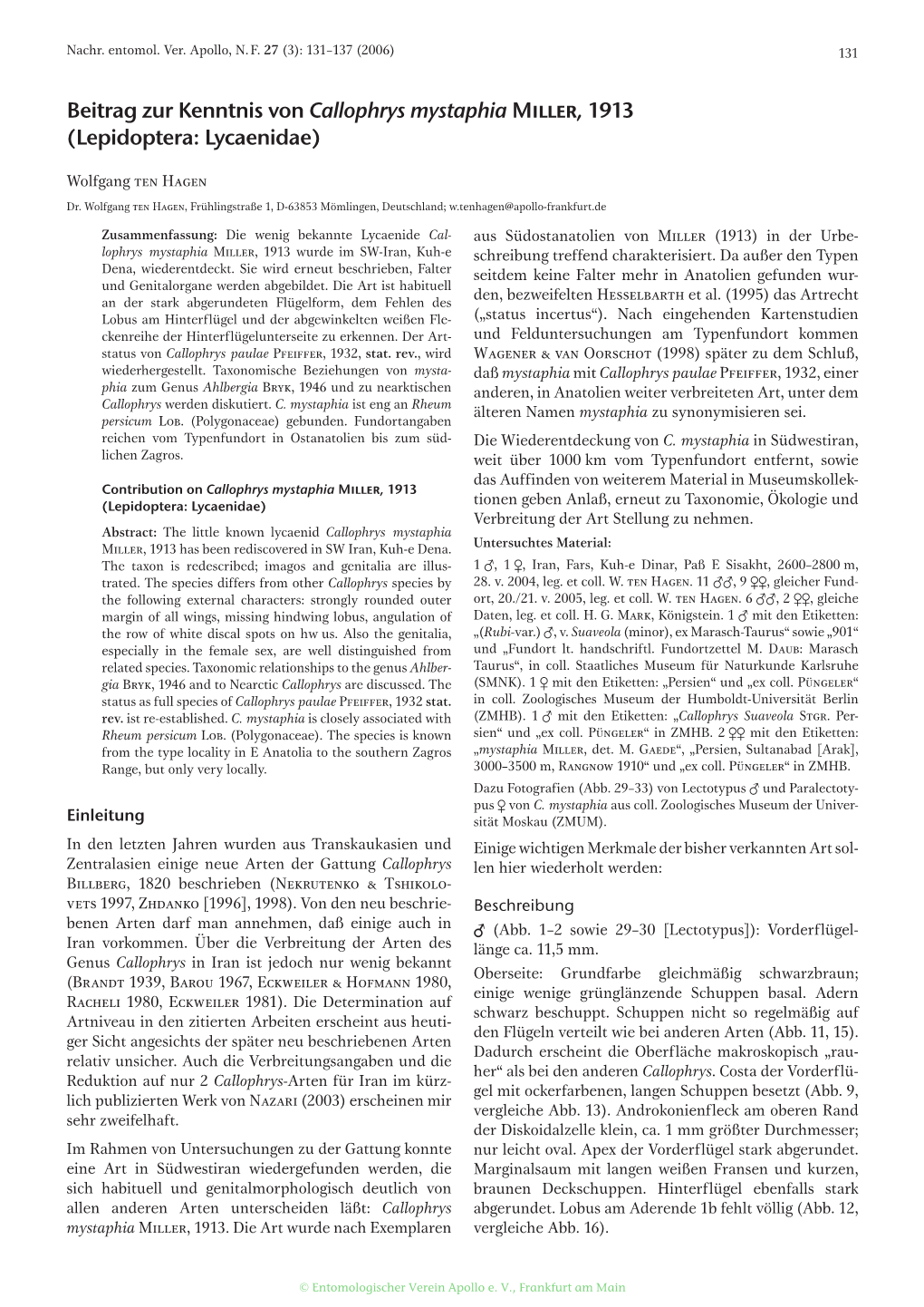 Beitrag Zur Kenntnis Von Callophrys Mystaphia Miller, 1913 (Lepidoptera: Lycaenidae)