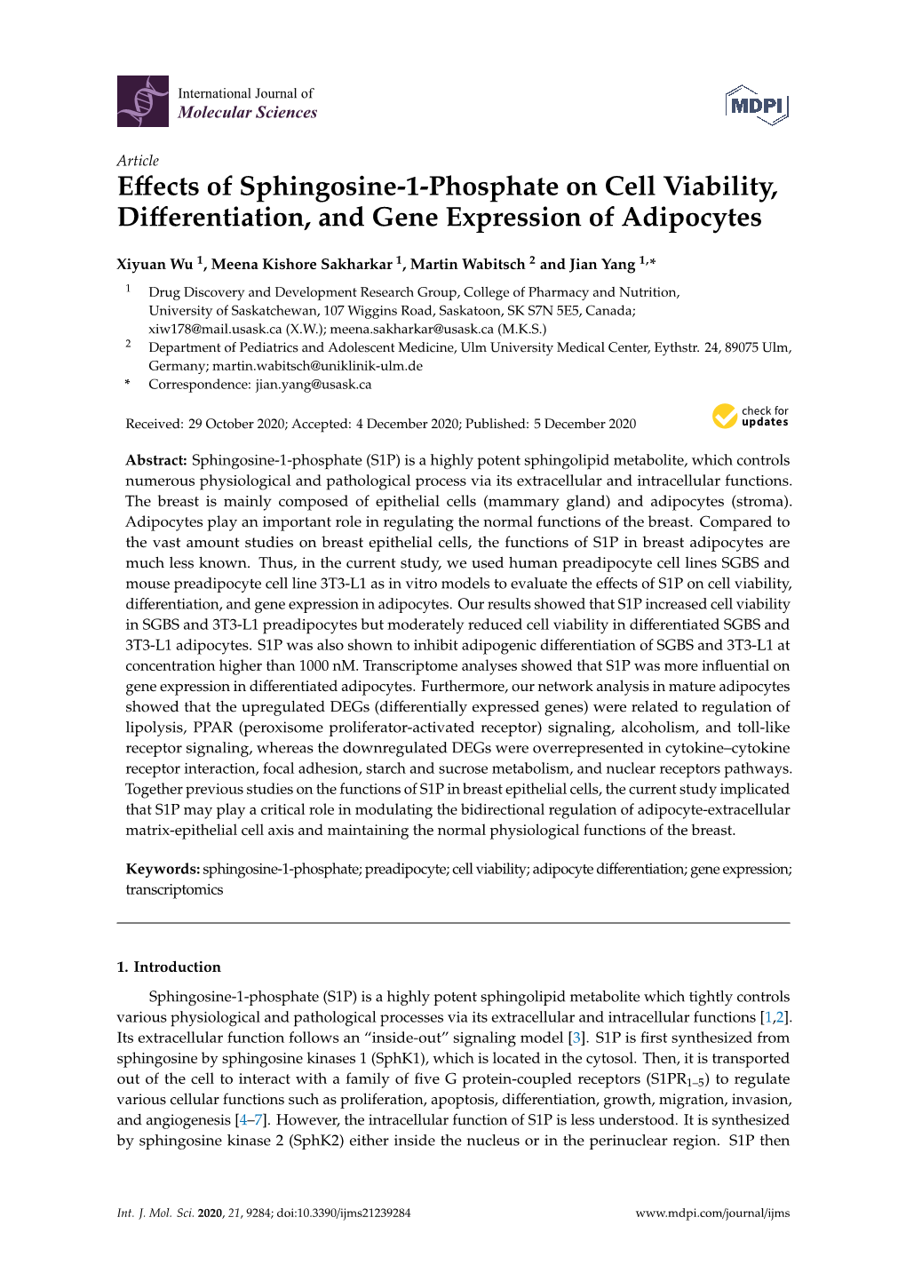 Effects of Sphingosine-1-Phosphate on Cell Viability, Differentiation, And