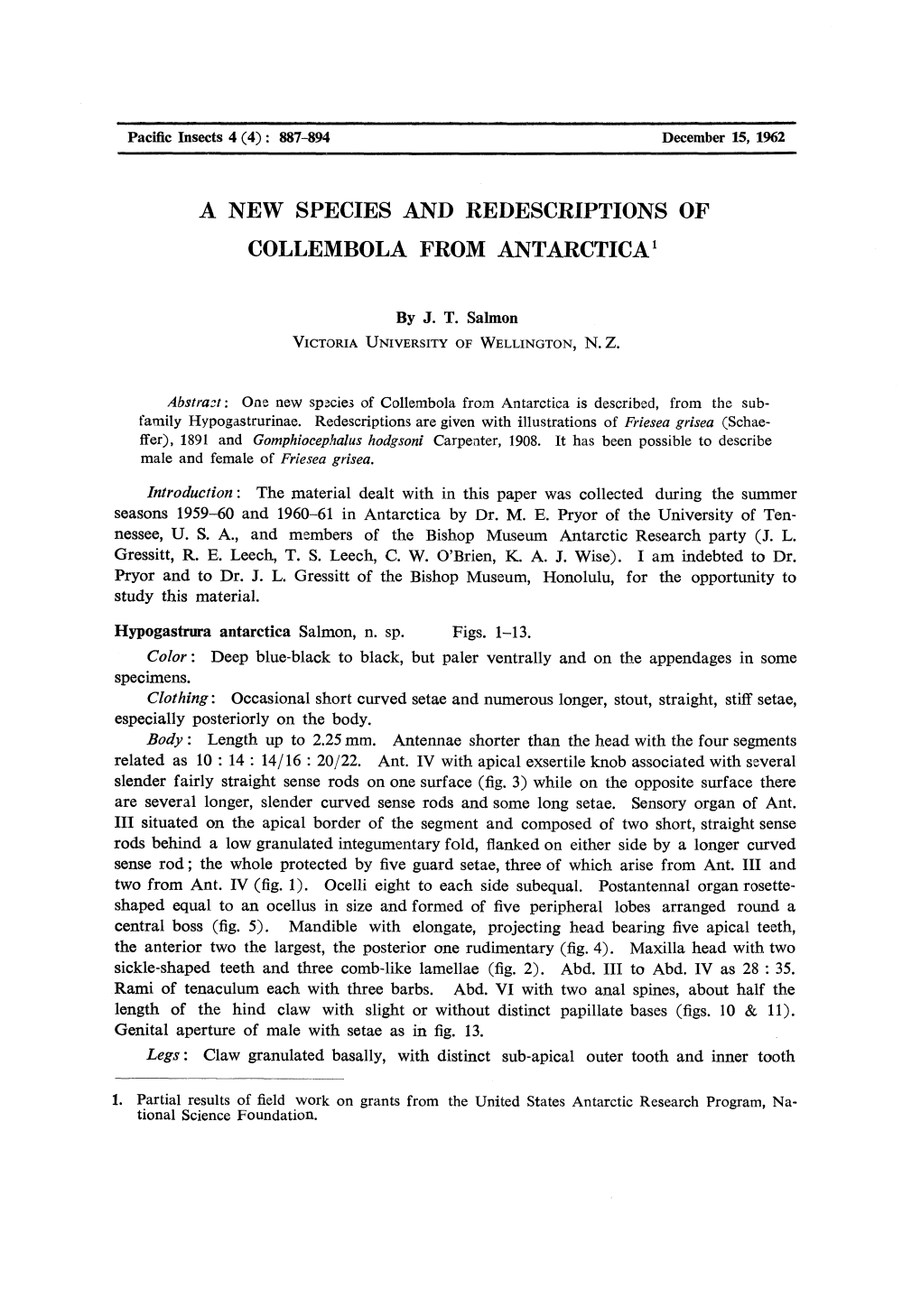 A New Species and Redescriptions of Collembola from Antarctica1