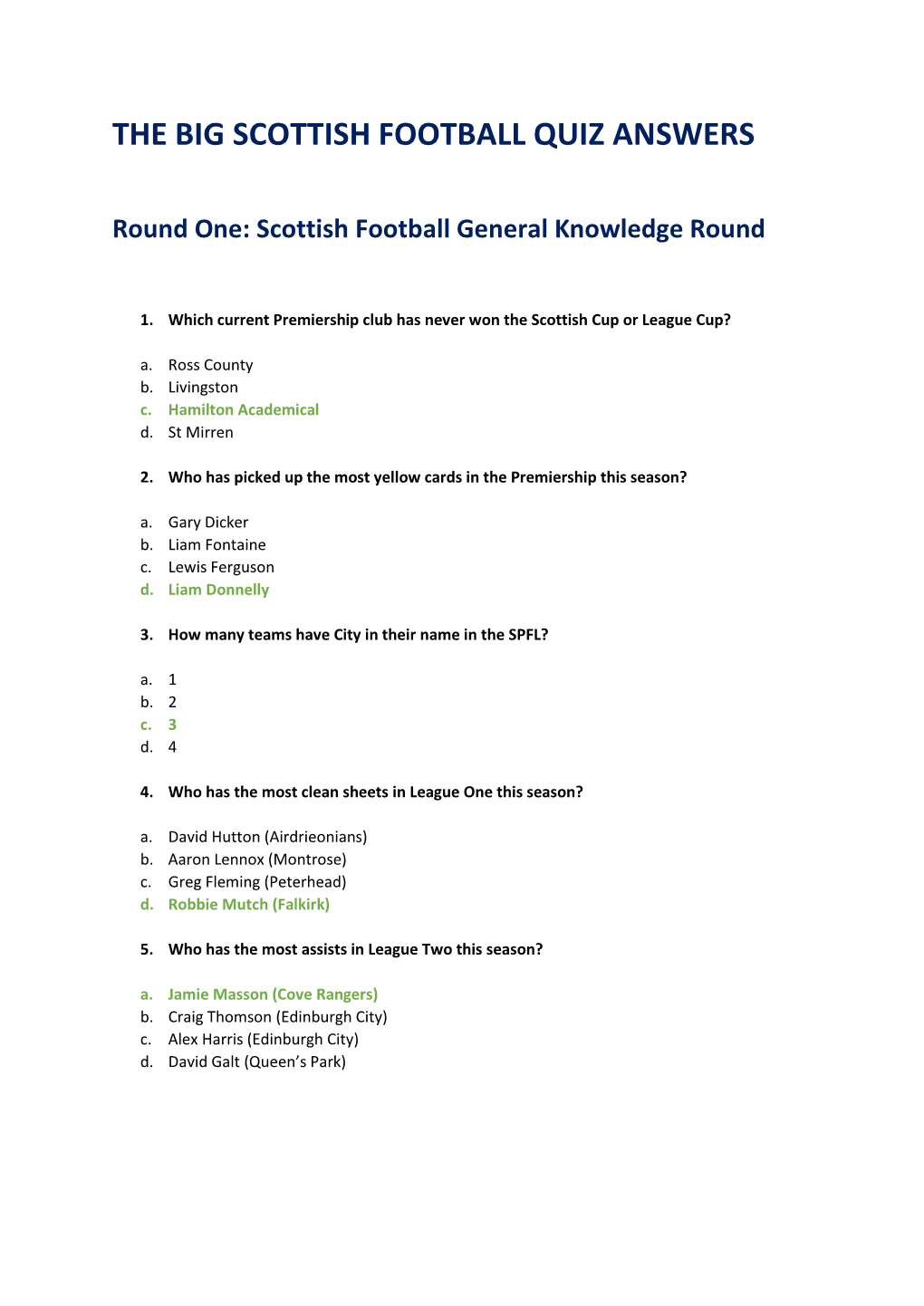 The Big Scottish Football Quiz Answers