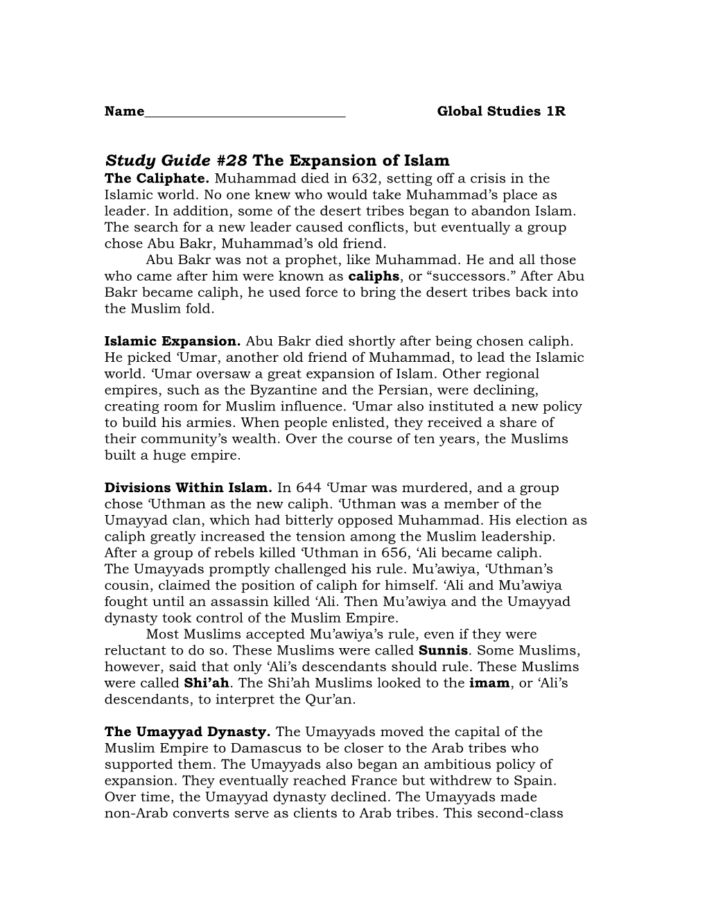 Study Guide #28 the Expansion of Islam the Caliphate