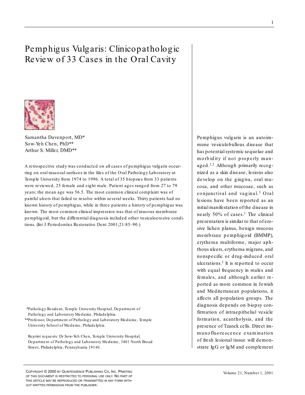 Pemphigus Vulgaris: Clinicopathologic Review of 33 Cases in the Oral Cavity