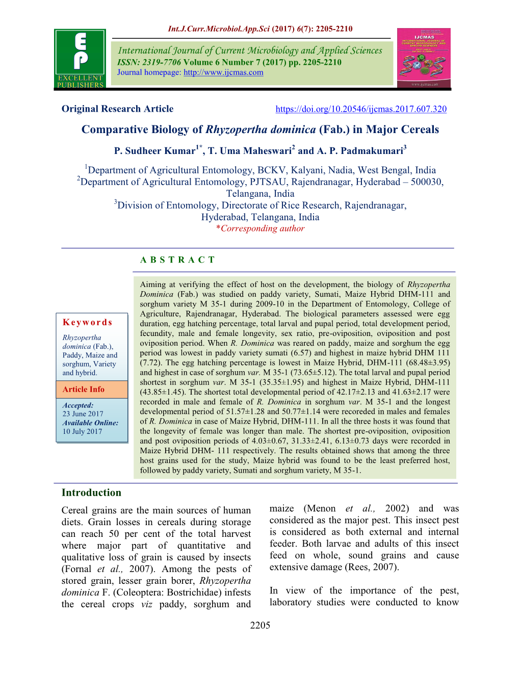 Comparative Biology of Rhyzopertha Dominica (Fab.) in Major Cereals