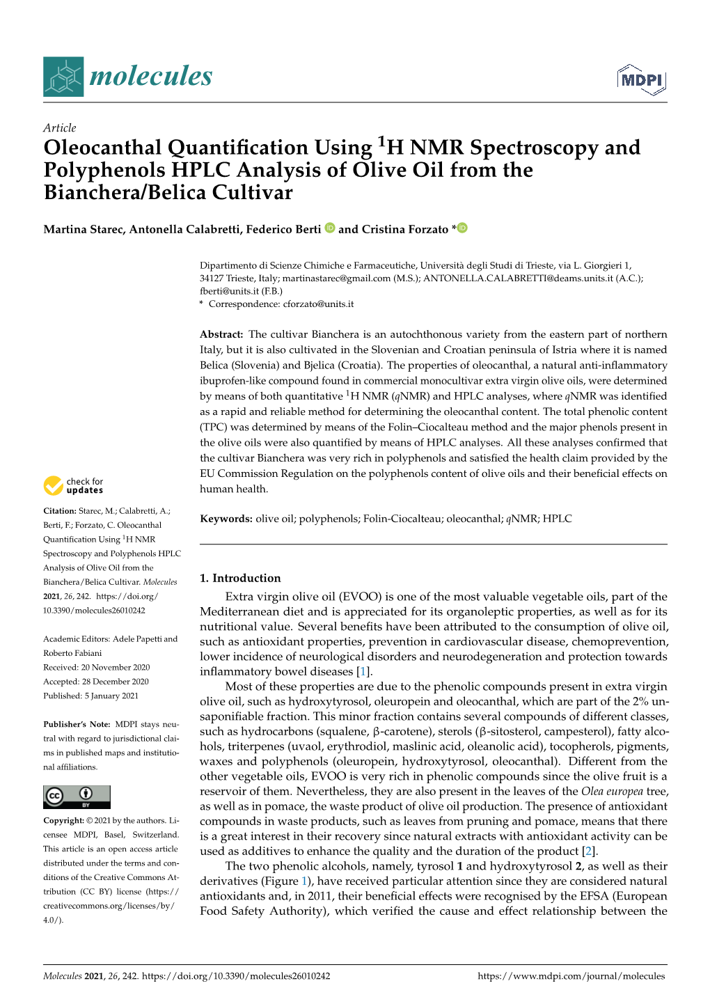 Oleocanthal Quantification Using 1H NMR Spectroscopy And
