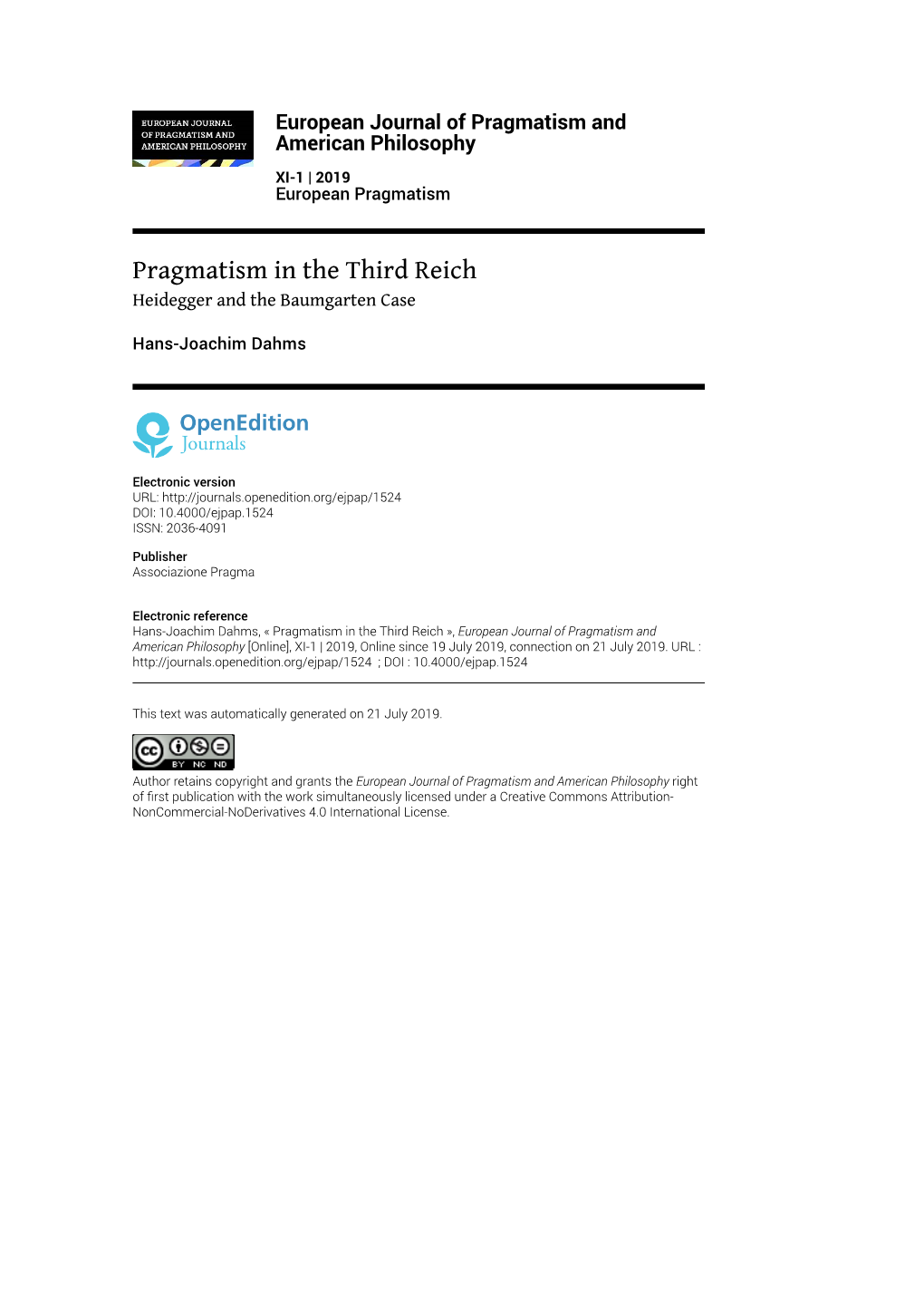 European Journal of Pragmatism and American Philosophy, XI-1 | 2019 Pragmatism in the Third Reich 2