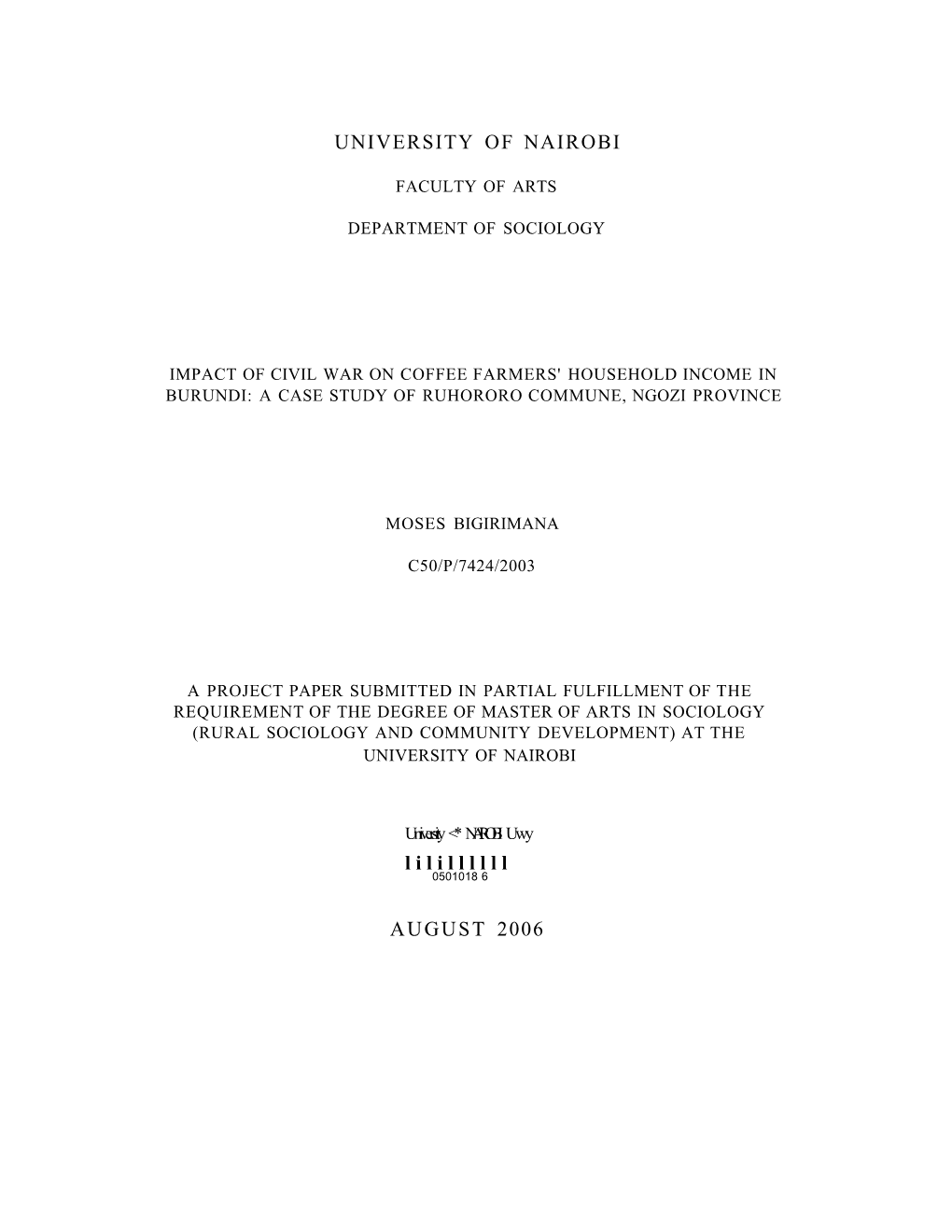 Impact of Civil War on Coffee Farmers' Household Income in Burundi: a Case Study of Ruhororo Commune, Ngozi Province