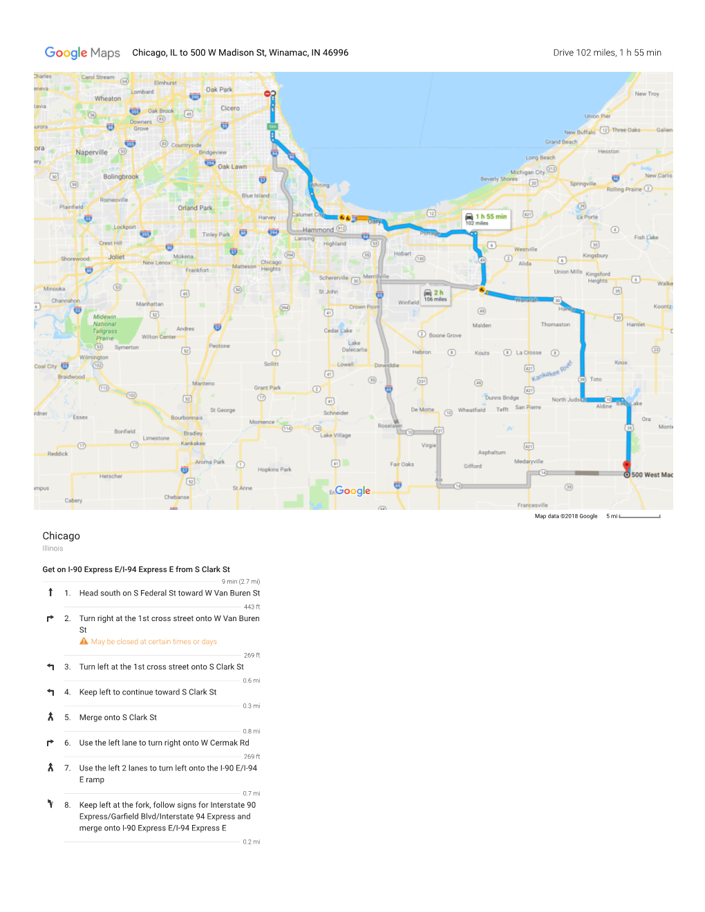 Chicago, IL to 500 W Madison St, Winamac, in 46996 Drive 102 Miles, 1 H 55 Min