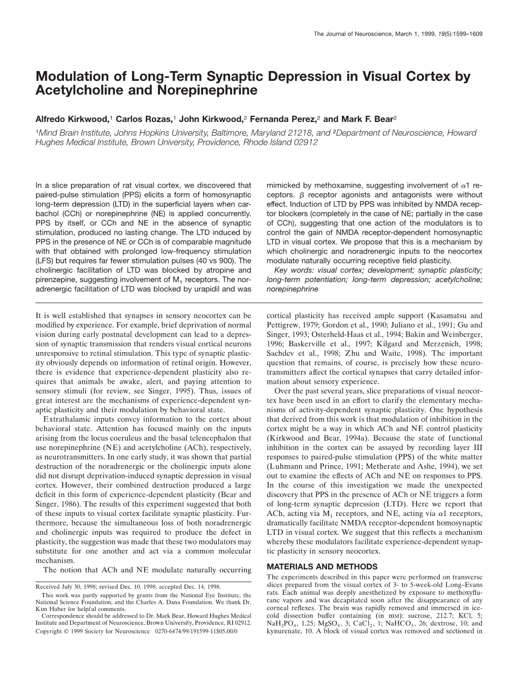 Modulation of Long-Term Synaptic Depression in Visual Cortex by Acetylcholine and Norepinephrine