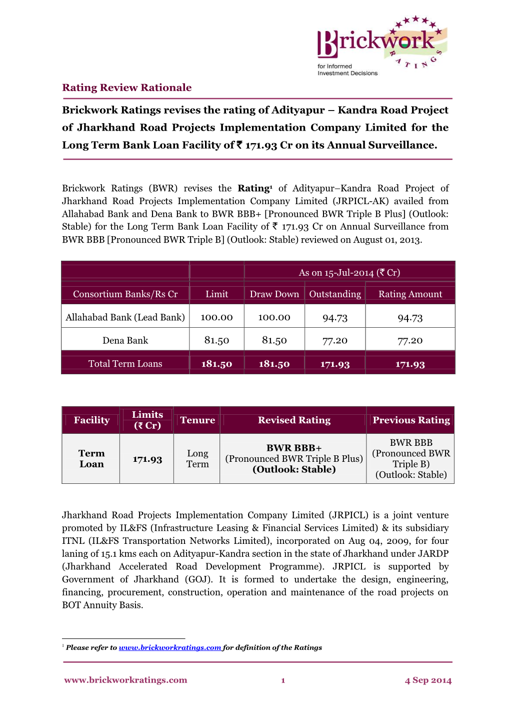 Kandra Road Project of Jharkhand Road Projects Implementation Company Limited for the Long Term Bank Loan Facility of ` 171.93 Cr on Its Annual Surveillance