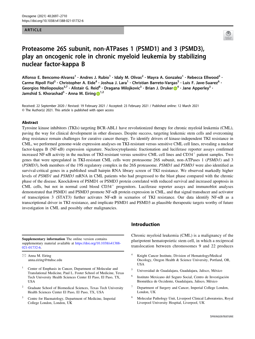 Proteasome 26S Subunit, Non-Atpases 1 (PSMD1) and 3 (PSMD3), Play an Oncogenic Role in Chronic Myeloid Leukemia by Stabilizing Nuclear Factor-Kappa B