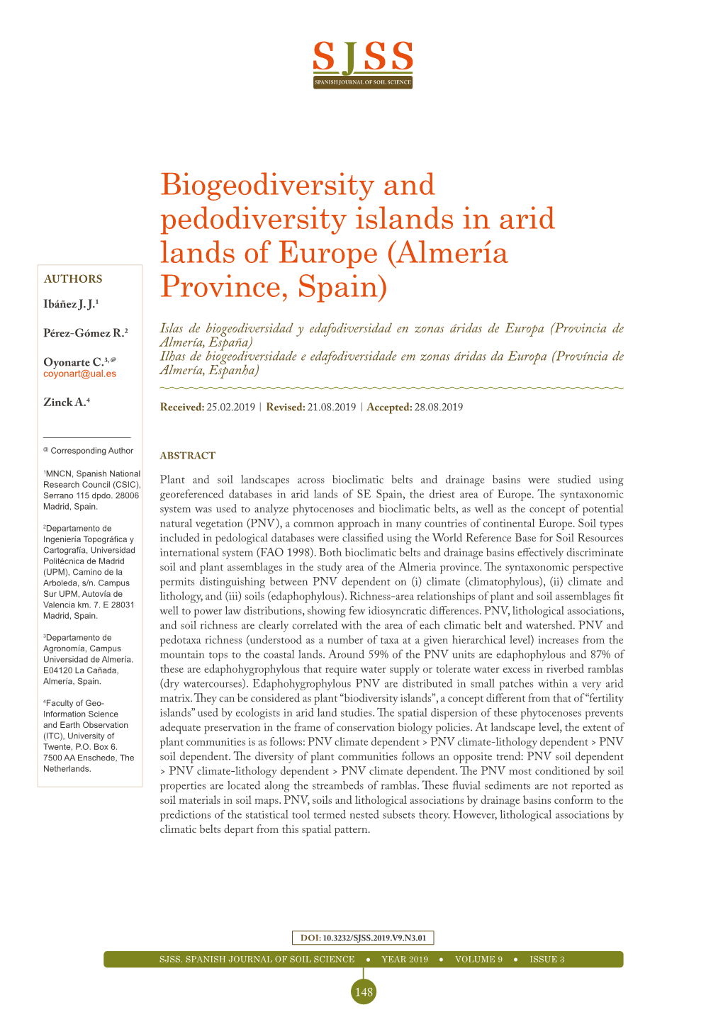 Biogeodiversity and Pedodiversity Islands in Arid Lands of Europe (Almería AUTHORS Province, Spain) Ibáñez J