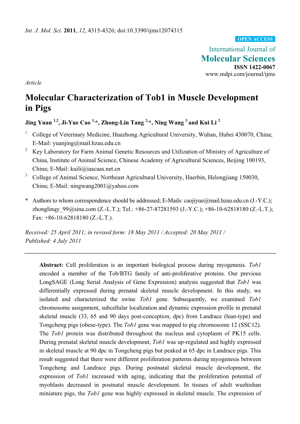 Molecular Characterization of Tob1 in Muscle Development in Pigs