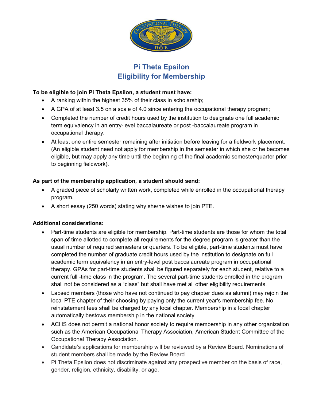 Pi Theta Epsilon Eligibility for Membership