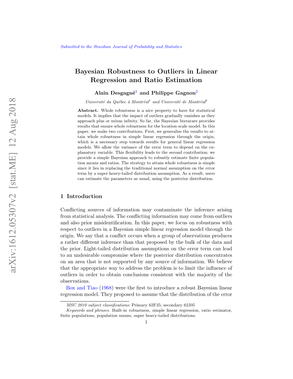 Bayesian Robustness to Outliers in Linear Regression and Ratio Estimation